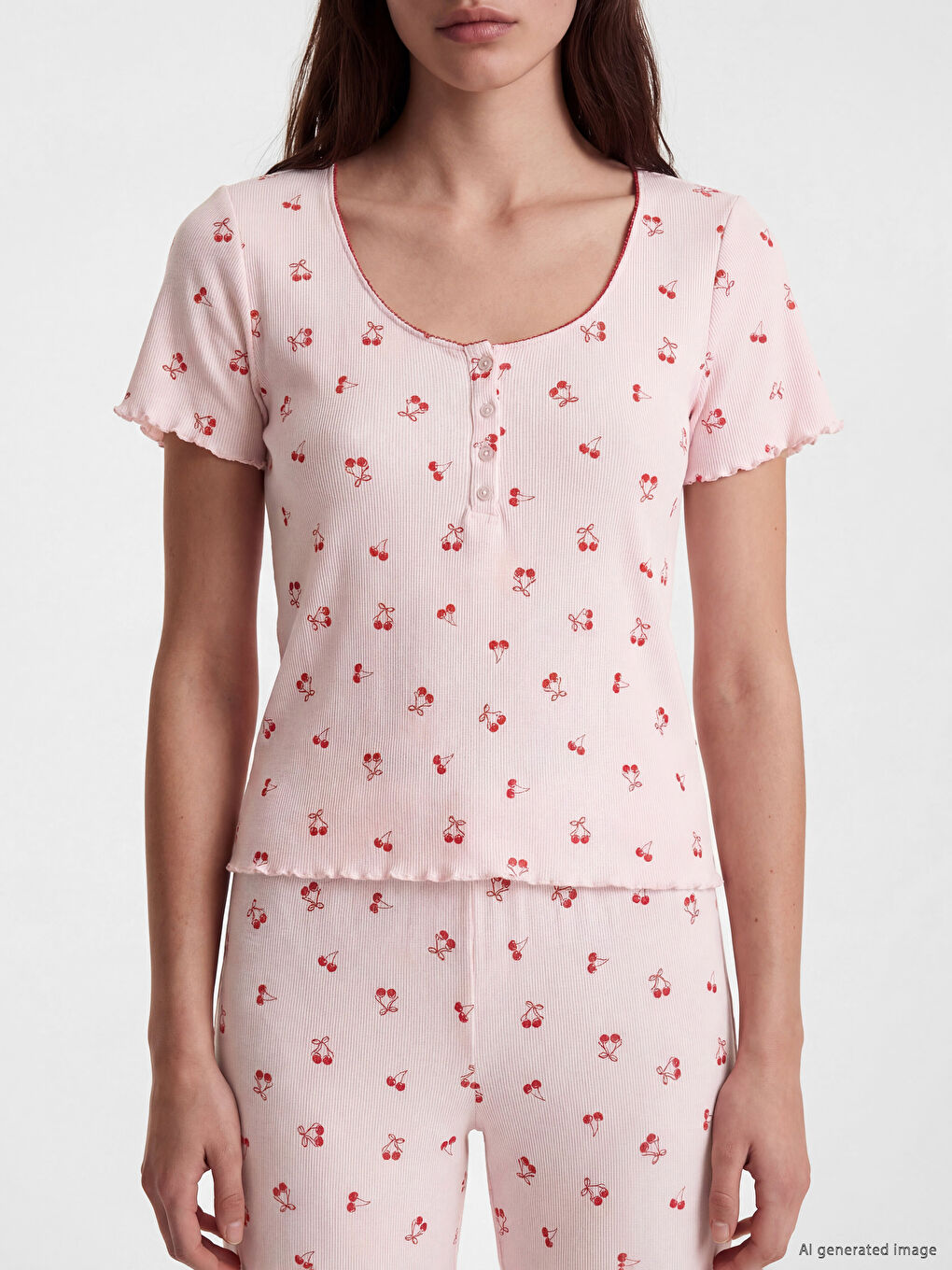 Pidžama komplet sa trešnjastim dezenom za žene sa U izrezom-2