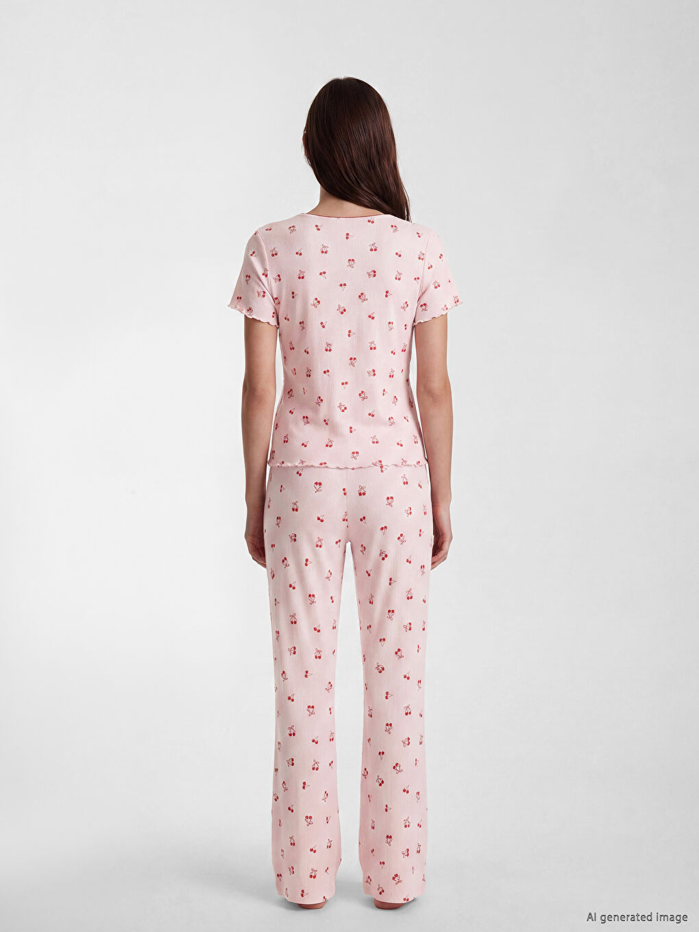 Pidžama komplet sa trešnjastim dezenom za žene sa U izrezom-3