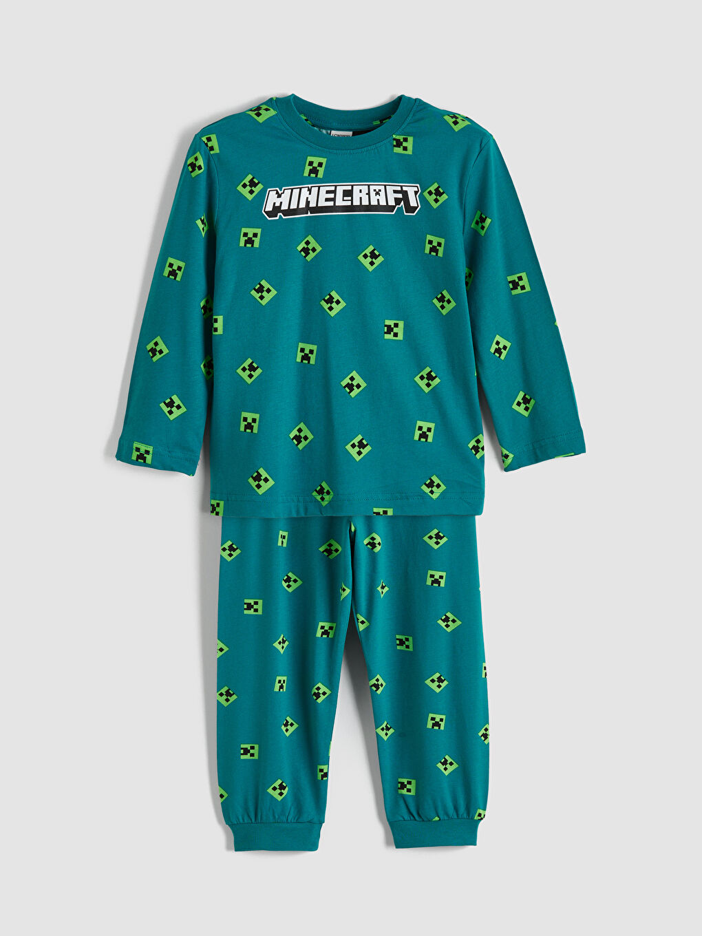 Yeşil Bisiklet Yaka Minecraft Baskılı Erkek Çocuk Pijama Takımı
