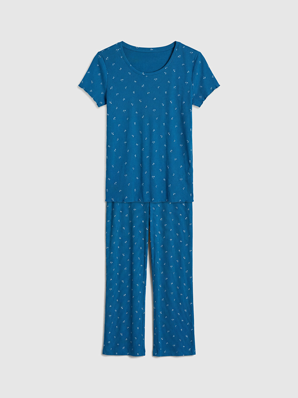 Mavi Bisiklet Yaka Çiçekli Kadın Pijama Takımı