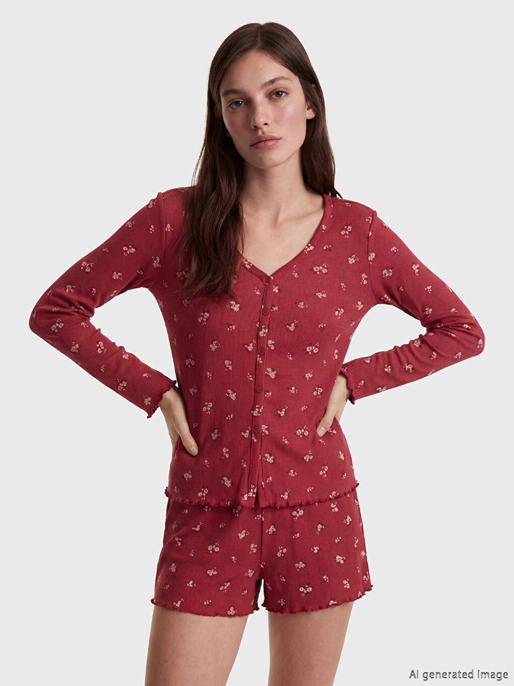 Mürdüm V Yaka Çiçekli Kadın Şortlu Pijama Takımı