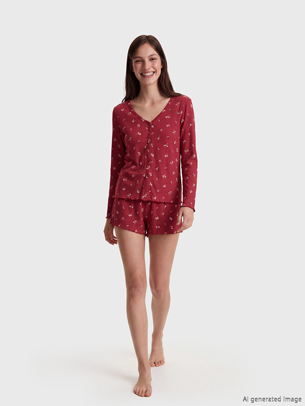 Mürdüm V Yaka Çiçekli Kadın Şortlu Pijama Takımı-1