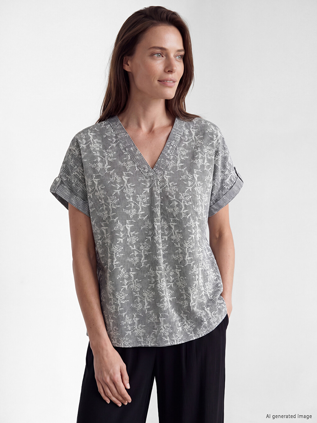 V Neck Patterned 100% Cotton Blouse