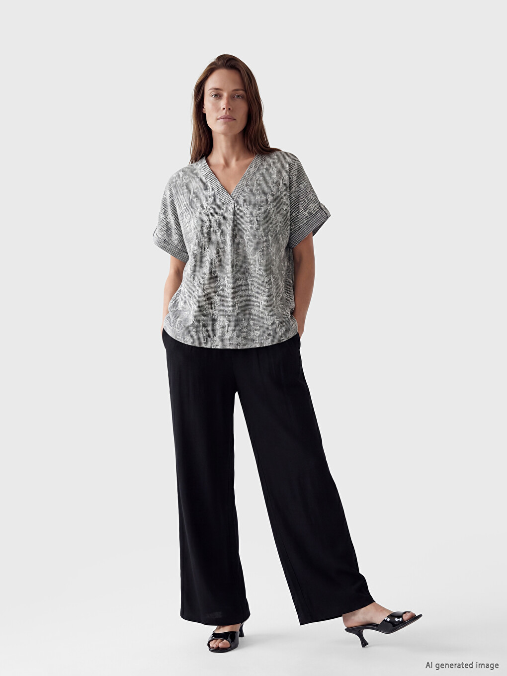 V Neck Patterned 100% Cotton Blouse-1