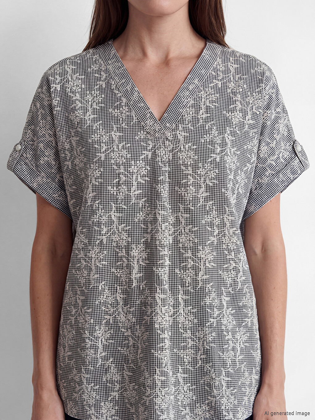 V Neck Patterned 100% Cotton Blouse-2