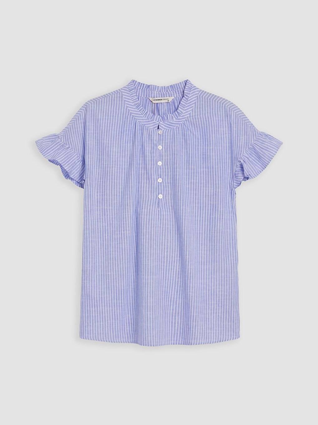 Grandad Collar Striped Frilled Blouse-4