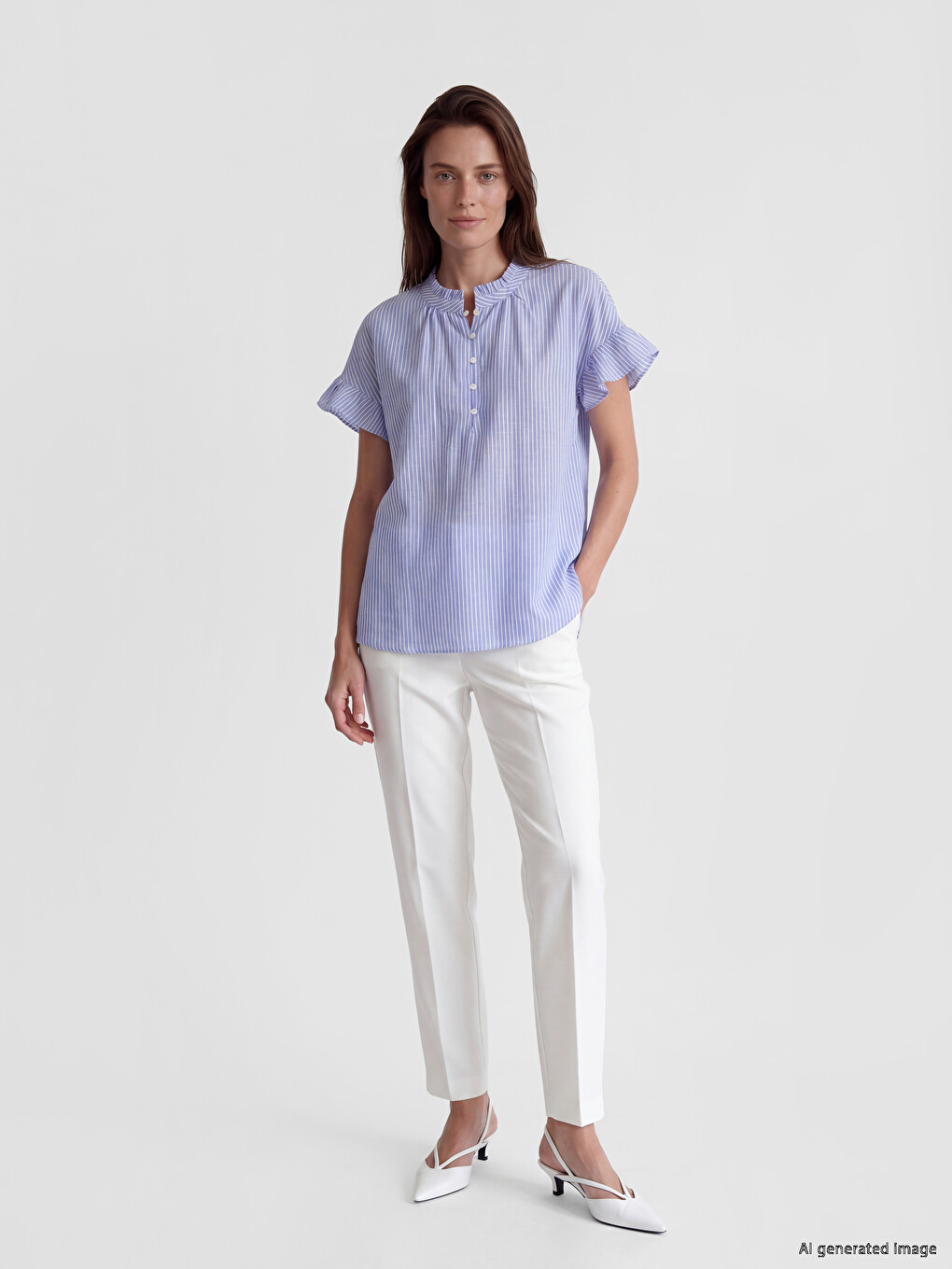 Grandad Collar Striped Frilled Blouse-1
