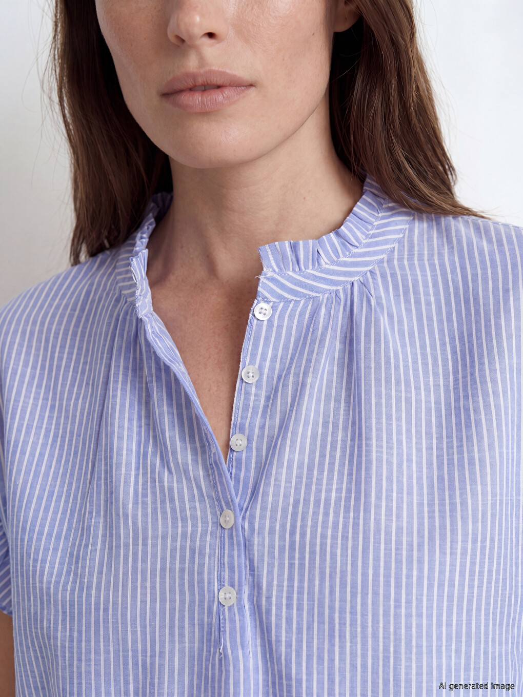 Grandad Collar Striped Frilled Blouse-2