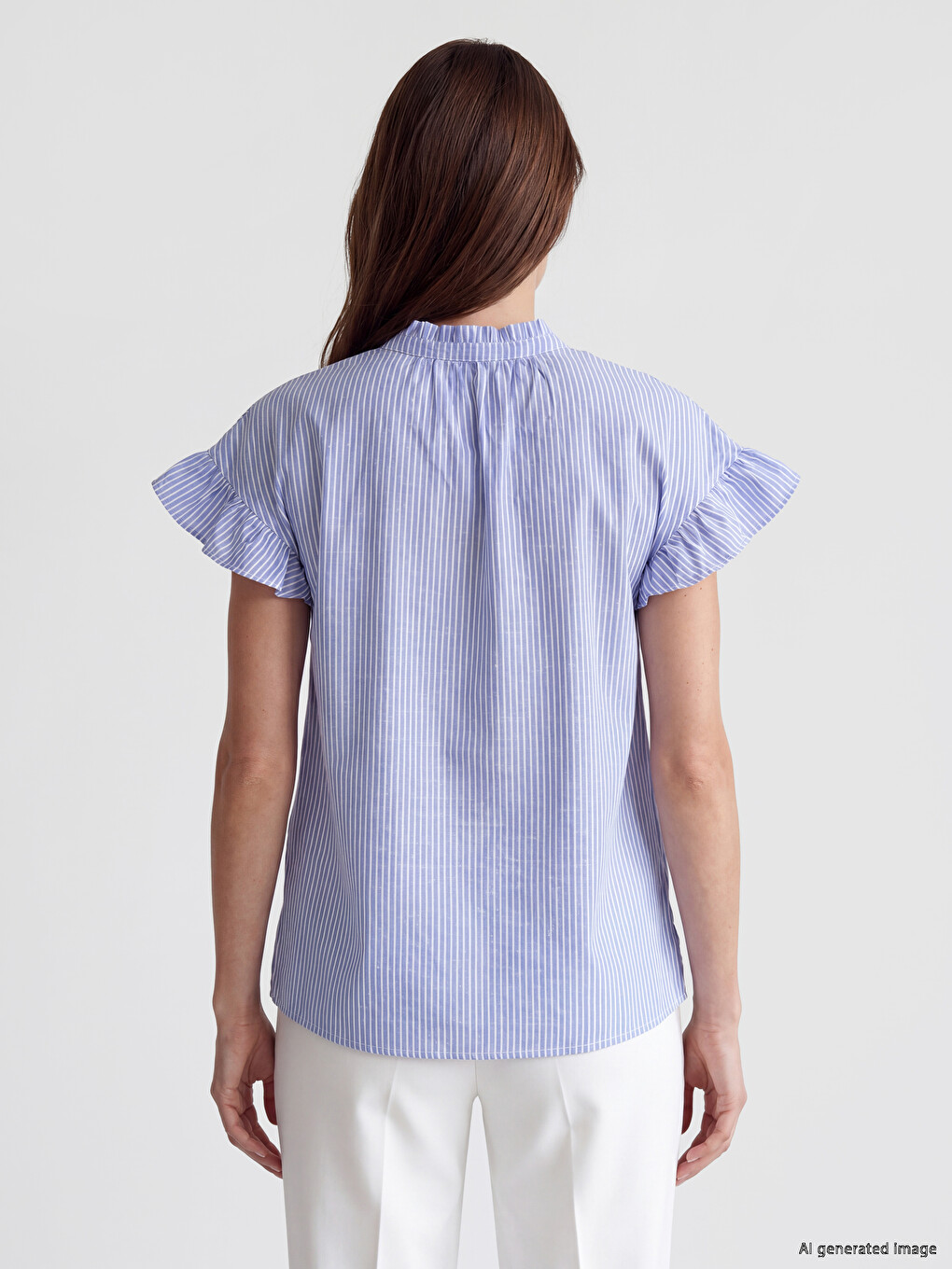 Grandad Collar Striped Frilled Blouse-3