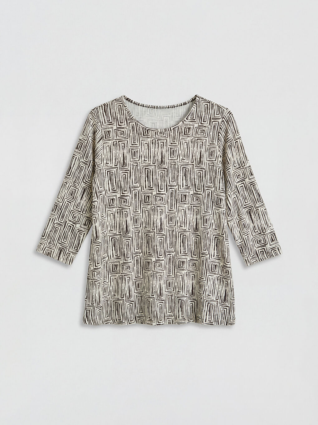 Ekru Bisiklet Yaka Desenli Kadın Tişört