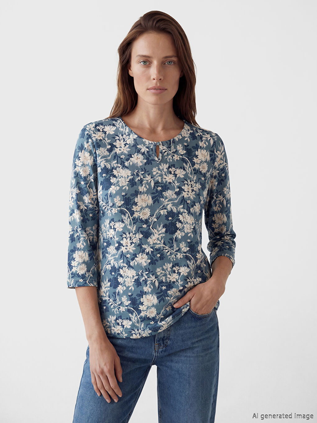 Mavi Bisiklet Yaka Çiçekli Bluz