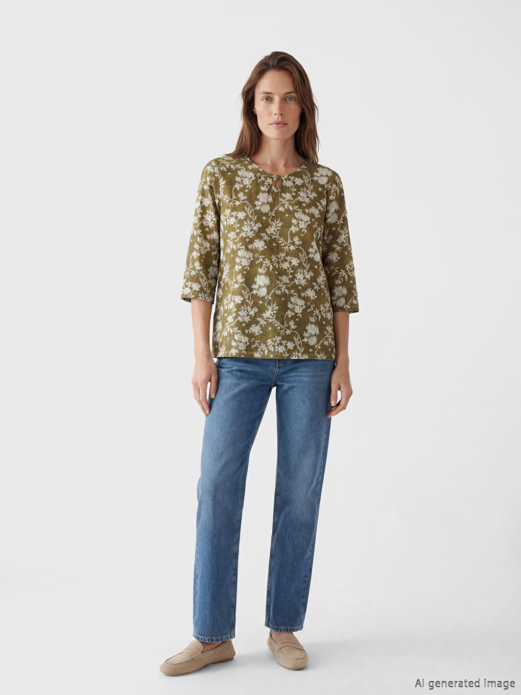 Kahverengi Bisiklet Yaka Çiçekli Bluz-1