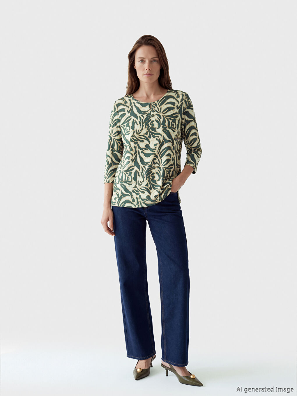 Yeşil Bisiklet Yaka Desenli Bluz-1