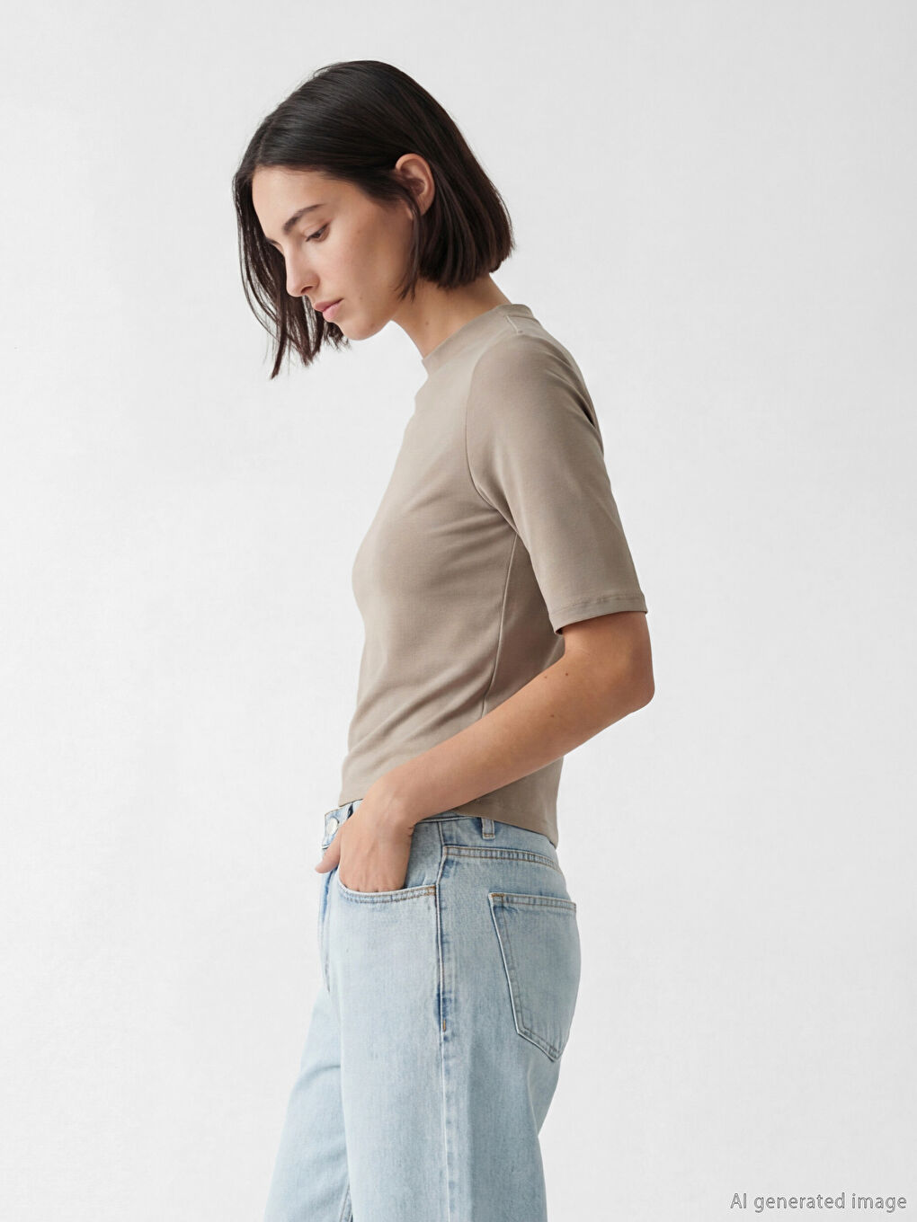 Kahverengi Dik Yaka Kadın Tişört