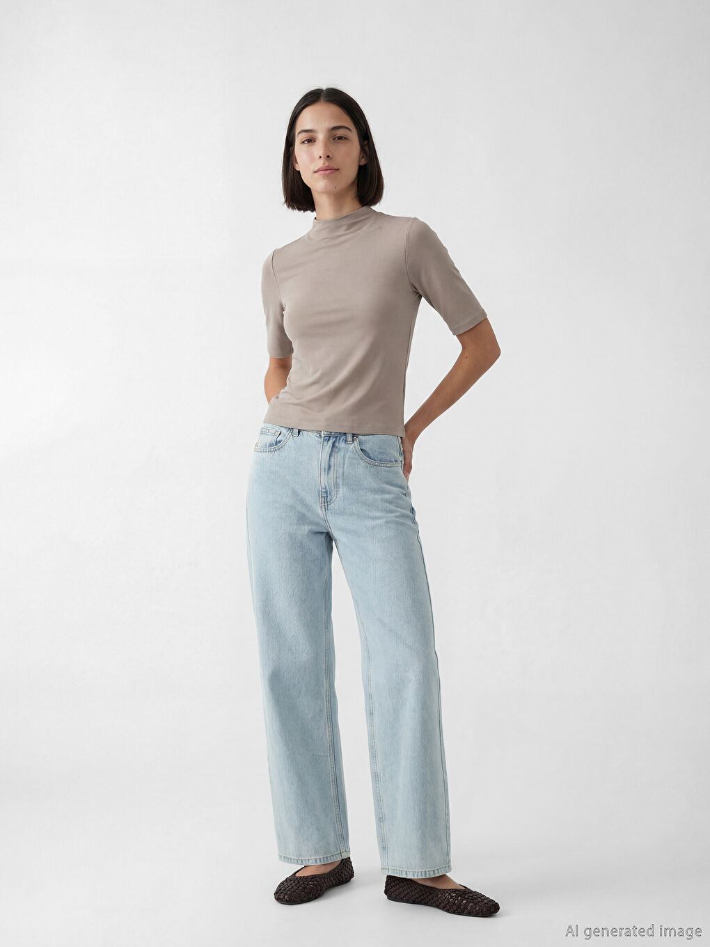 Kahverengi Dik Yaka Kadın Tişört-1