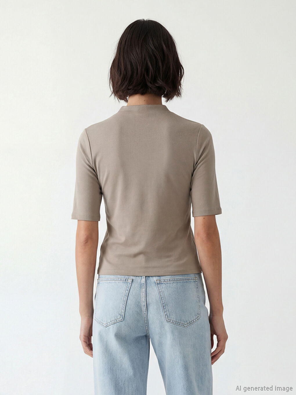 Kahverengi Dik Yaka Kadın Tişört-3