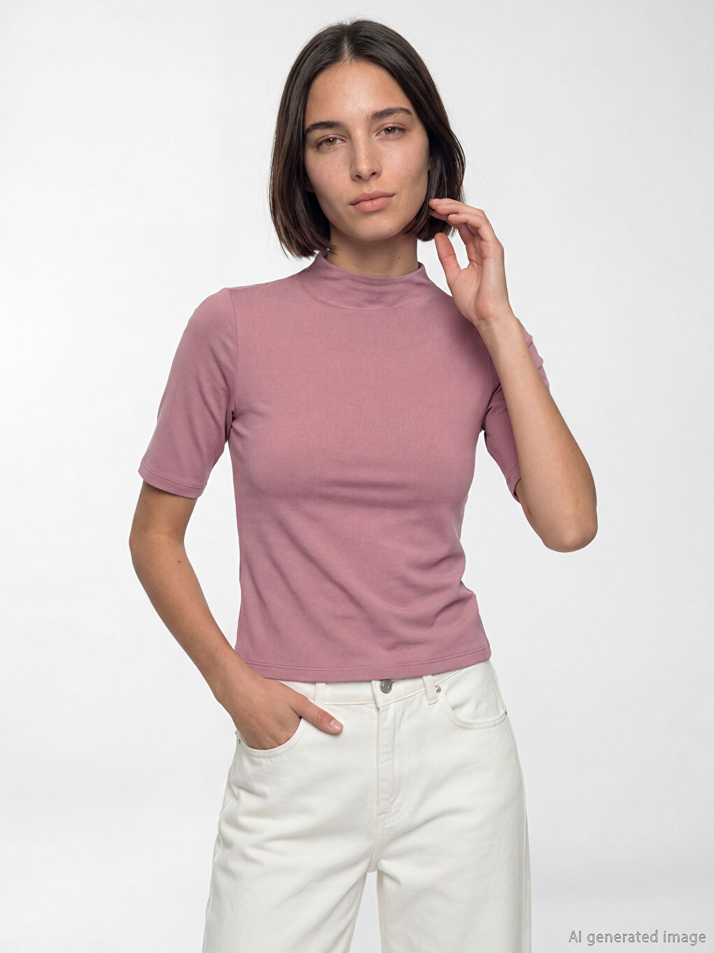 Pembe Dik Yaka Kadın Tişört