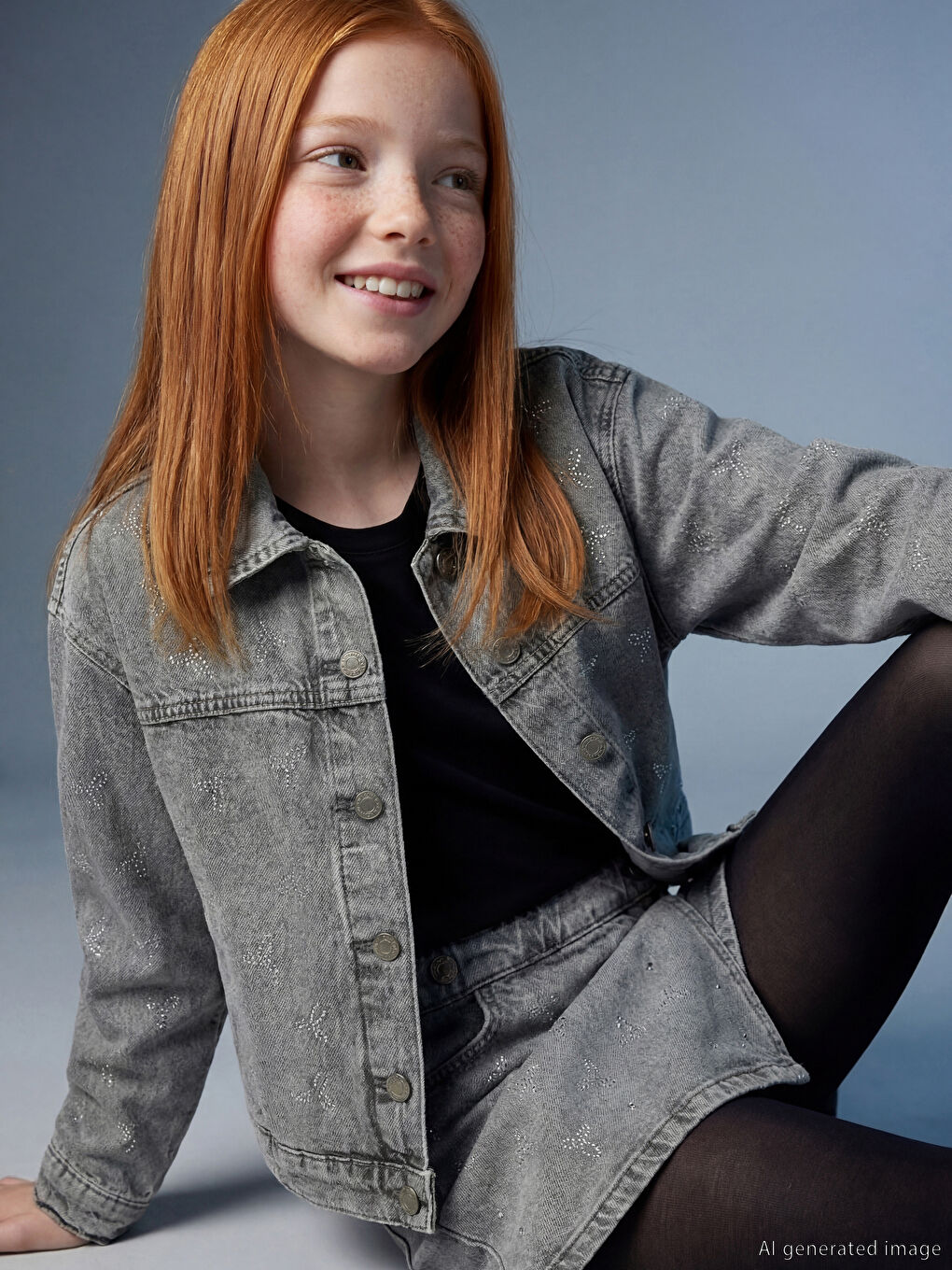 Karışık Fiyonk Taşlı Kız Çocuk Jean Ceket-1