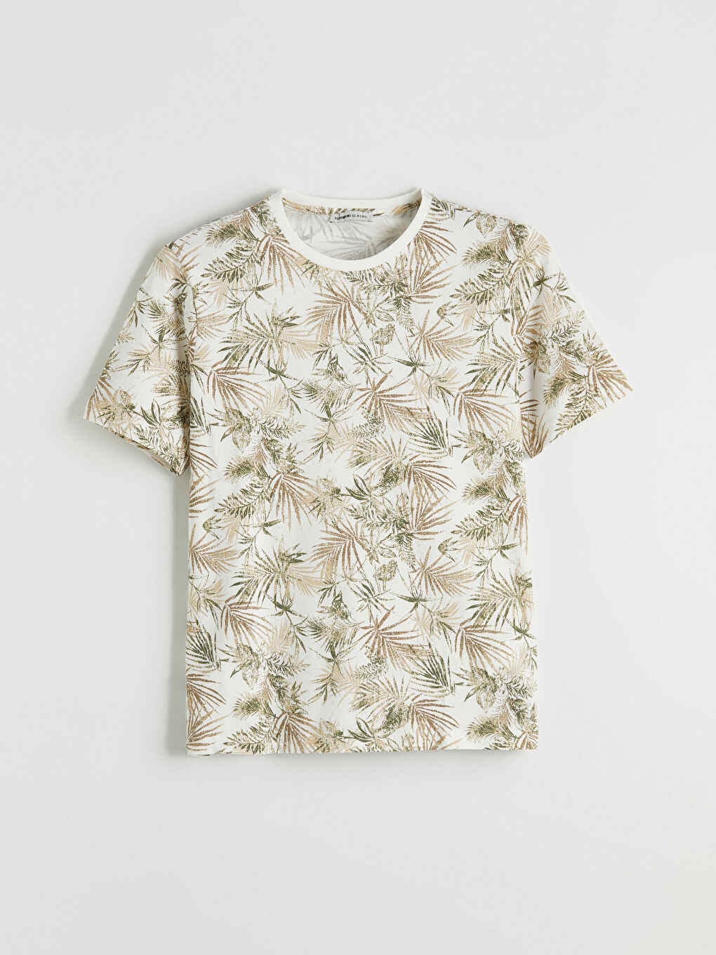 Ekru Bisiklet Yaka Desenli Penye Erkek Tişört