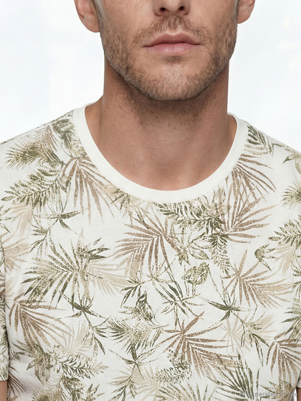 Ekru Bisiklet Yaka Desenli Penye Erkek Tişört-2