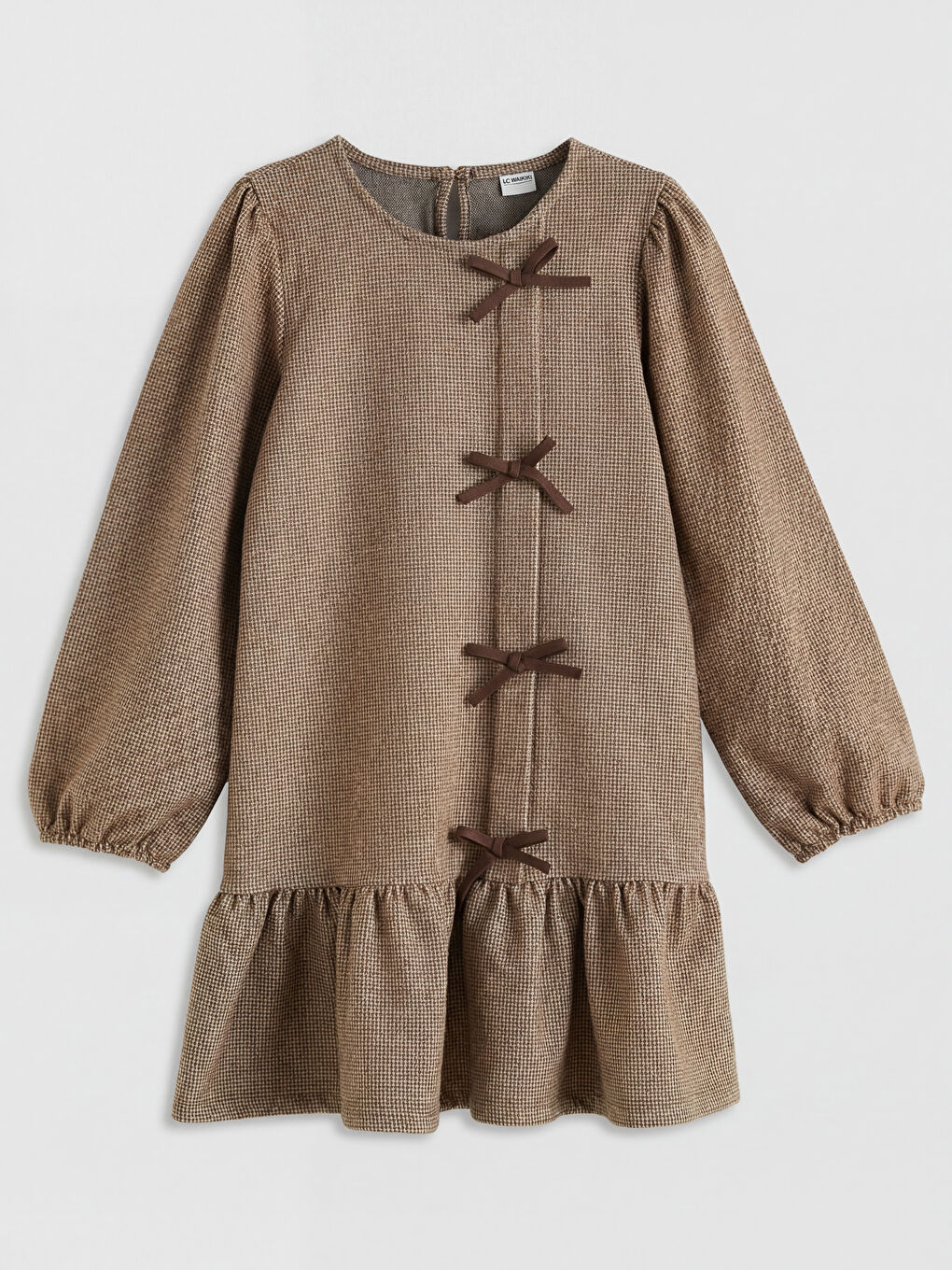 Kahverengi Bisiklet Yaka Fiyonk Detaylı Ekose Kız Çocuk Elbise