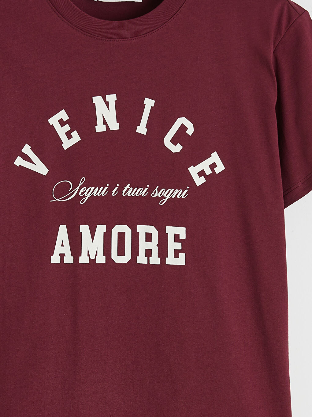 Bordo Bisiklet Yaka Venice Baskılı Kadın Tişört-2