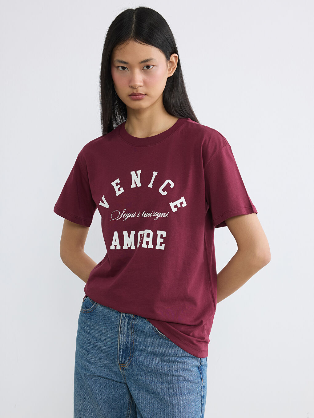 дөңгелек жағалы venice принтті әйелдер футболкасы