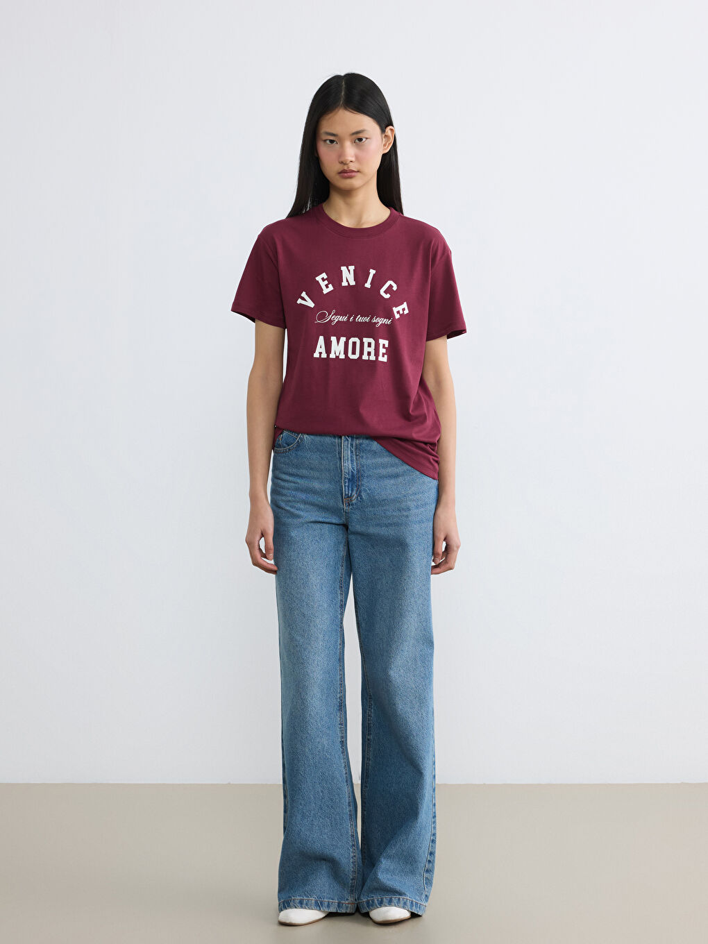 дөңгелек жағалы venice принтті әйелдер футболкасы-1