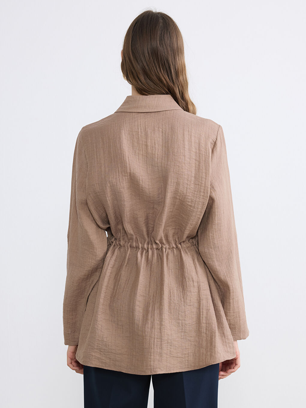 Kahverengi Dokulu Büzgülü Kadın Gömlek Tunik-3