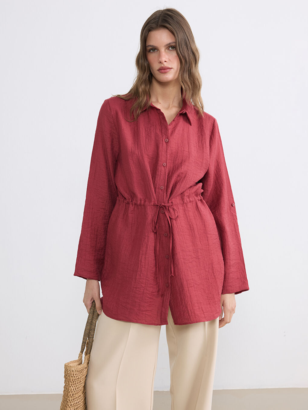 Bordo Dokulu Büzgülü Kadın Gömlek Tunik