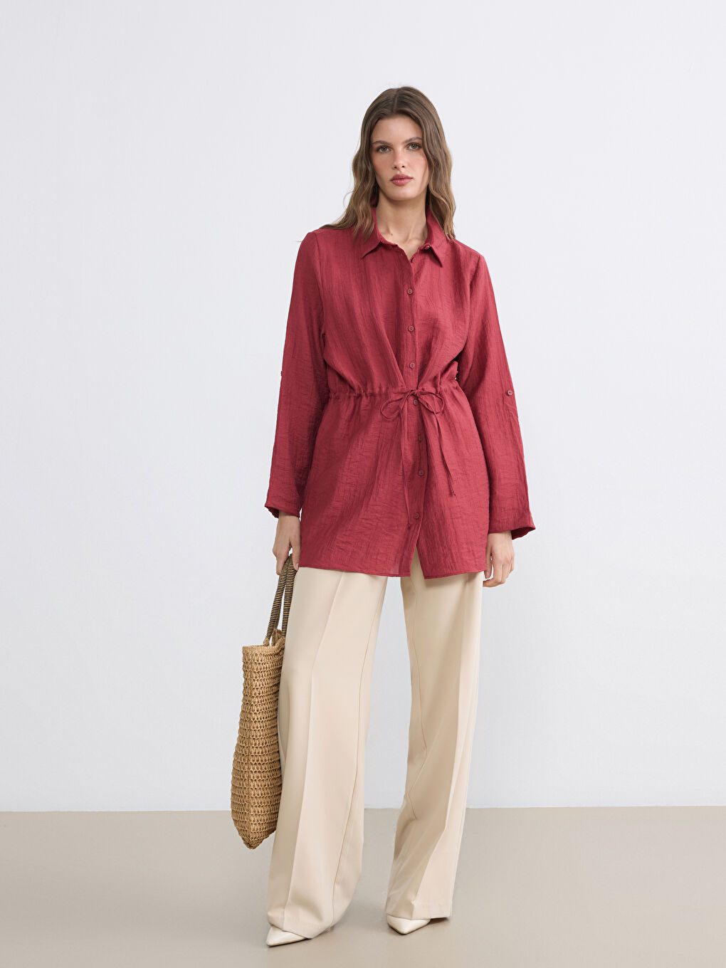 Bordo Dokulu Büzgülü Kadın Gömlek Tunik-1