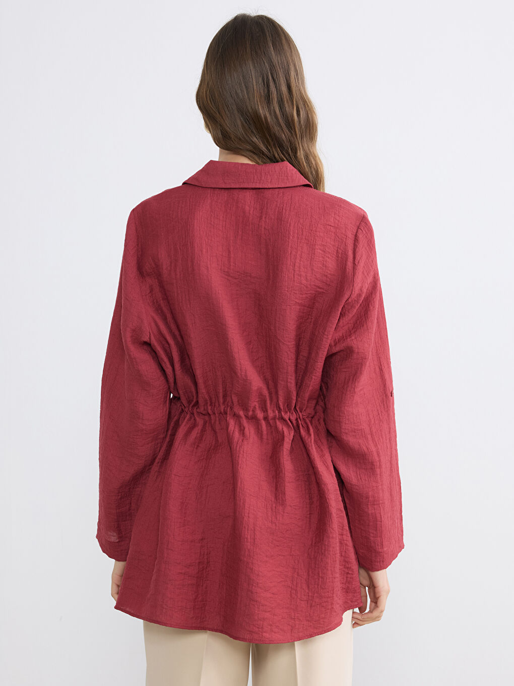 Bordo Dokulu Büzgülü Kadın Gömlek Tunik-3