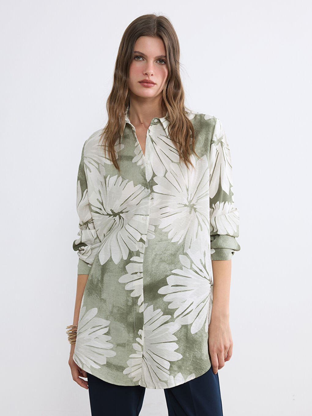 Yeşil Çiçekli Kadın Gömlek Tunik