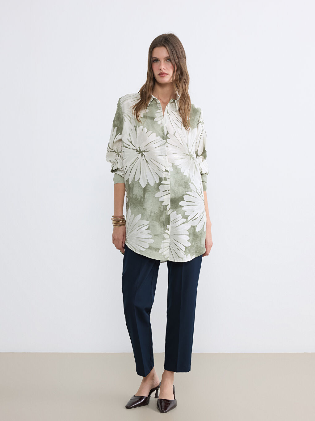 Yeşil Çiçekli Kadın Gömlek Tunik-1