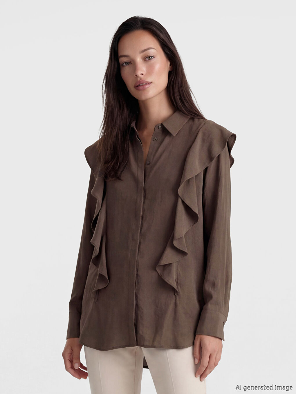 Kahverengi Fırfırlı Modal Karışımlı Kadın Gömlek Tunik