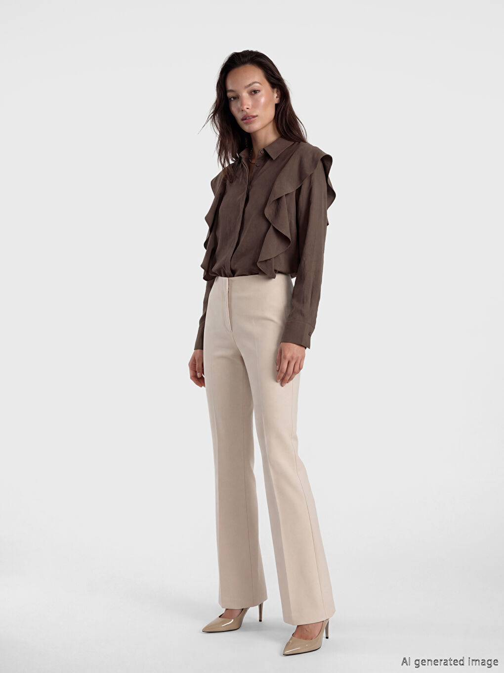 Kahverengi Fırfırlı Modal Karışımlı Kadın Gömlek Tunik-1