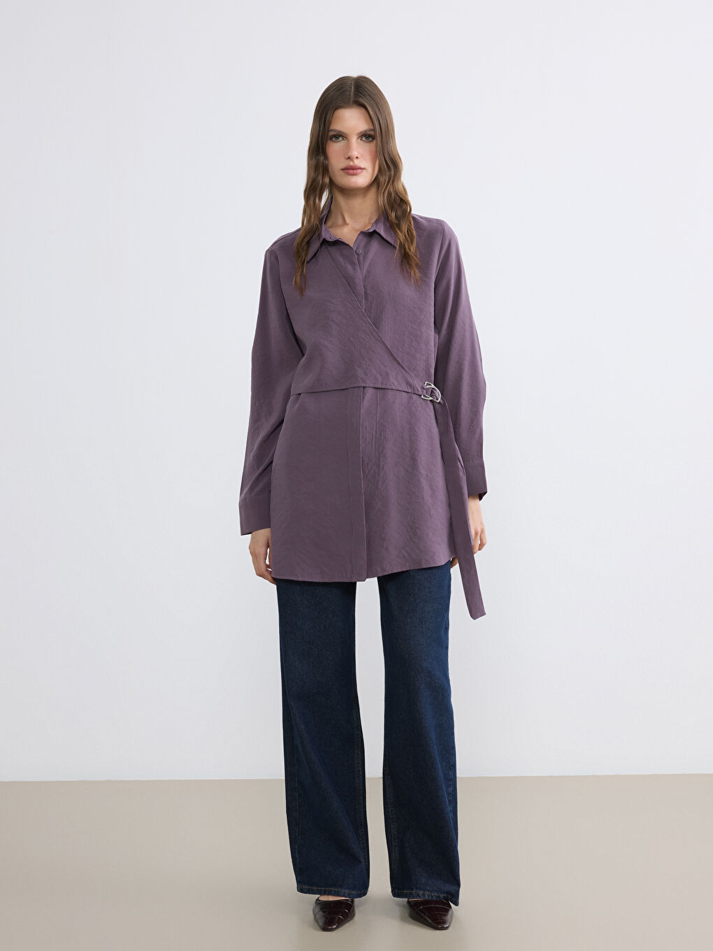 Mürdüm Asimetrik Bağlama Detaylı Kadın Gömlek Tunik-1