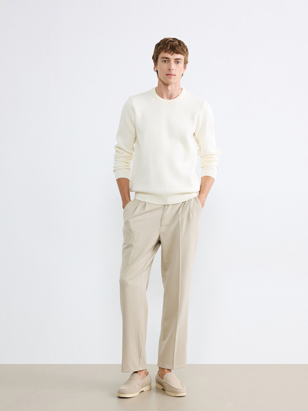 Ekru Bisiklet Yaka Erkek Triko Kazak-1