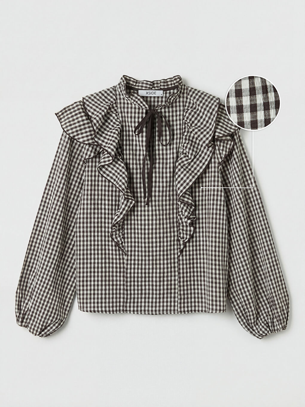 Kahverengi Bağlamalı Yaka Ekose Fırfırlı Bluz