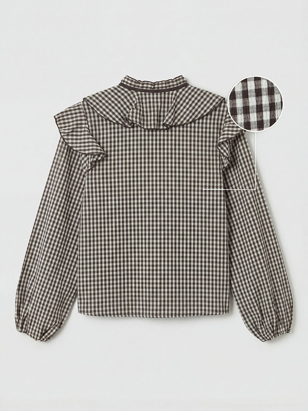 Kahverengi Bağlamalı Yaka Ekose Fırfırlı Bluz-1