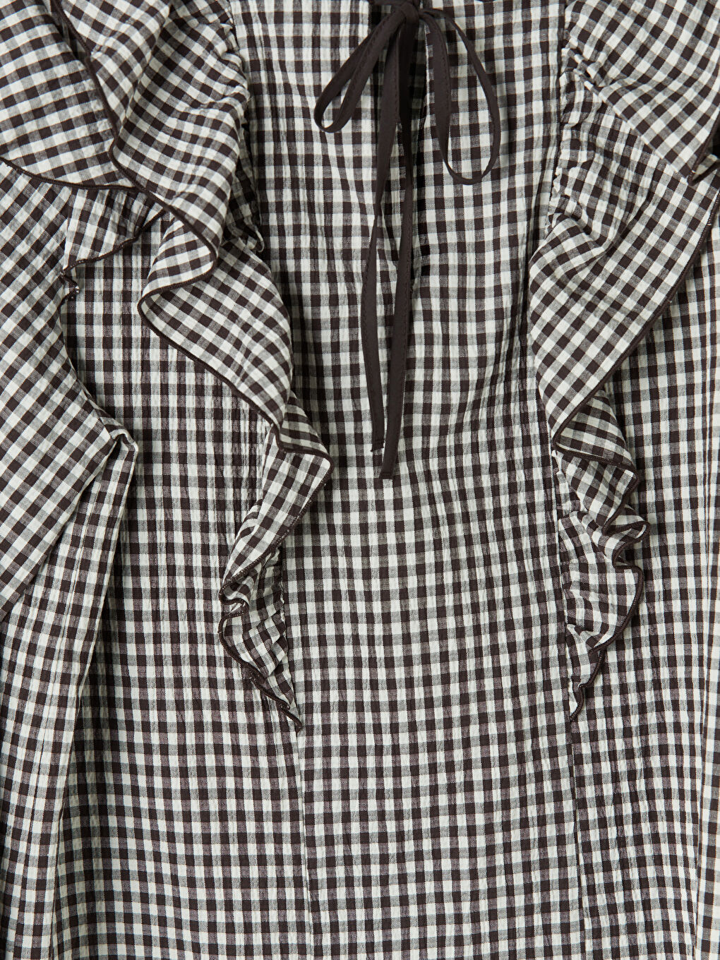 Kahverengi Bağlamalı Yaka Ekose Fırfırlı Bluz-2