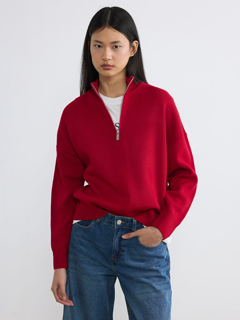 Kırmızı Dik Yaka Kadın Triko Kazak	