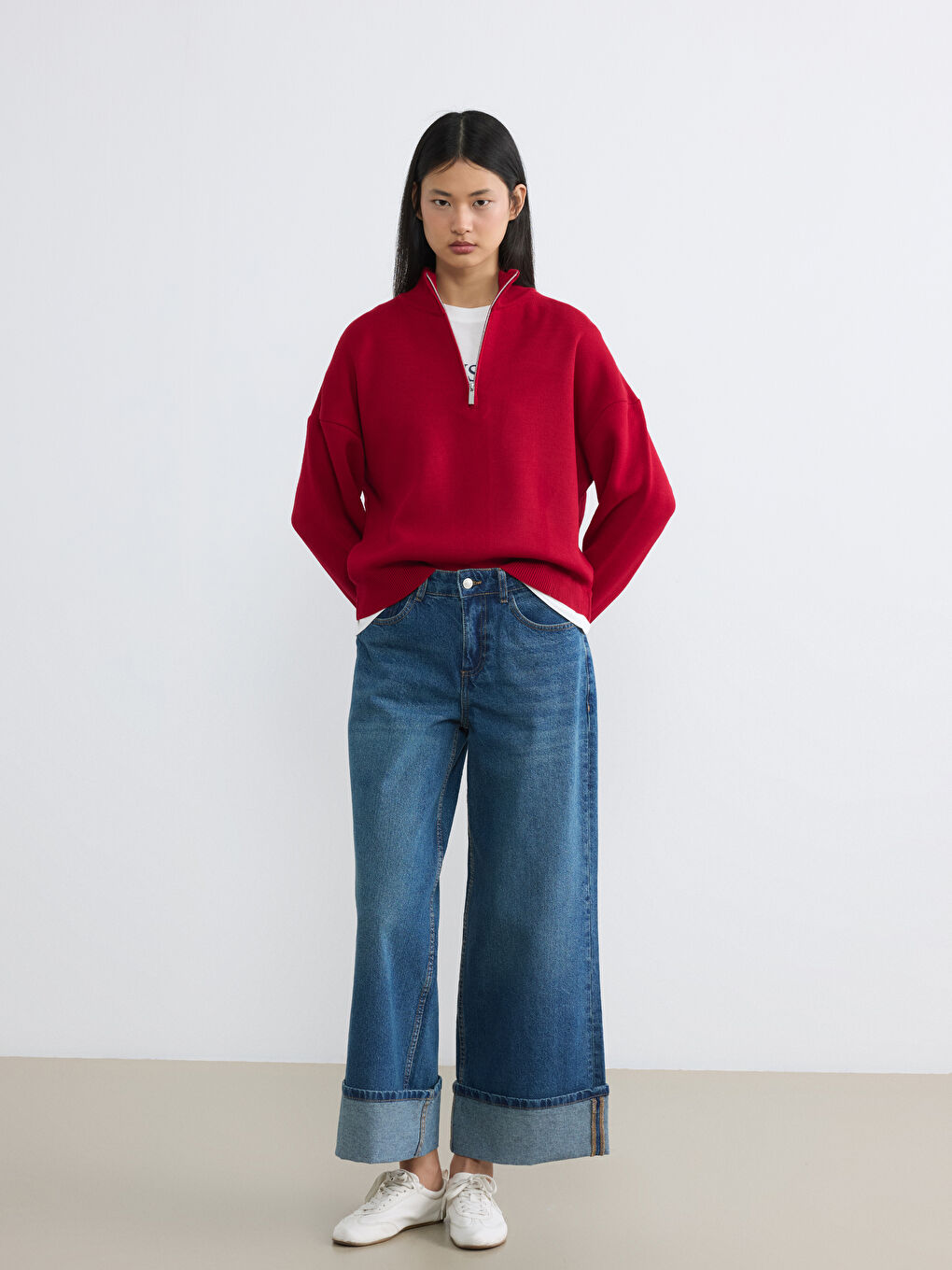 Kırmızı Dik Yaka Kadın Triko Kazak	-1