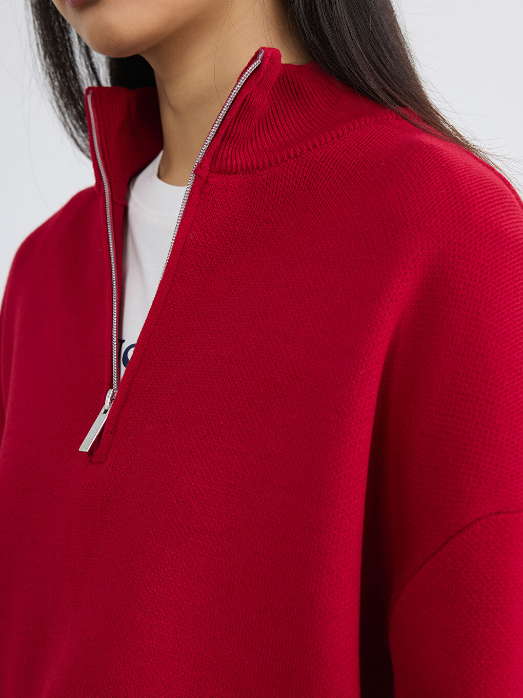 Kırmızı Dik Yaka Kadın Triko Kazak	-2