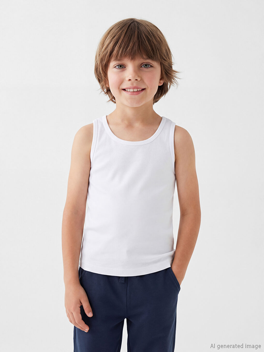 Ekru Bisiklet Yaka Erkek Çocuk Pamuklu Atlet 2'li-1