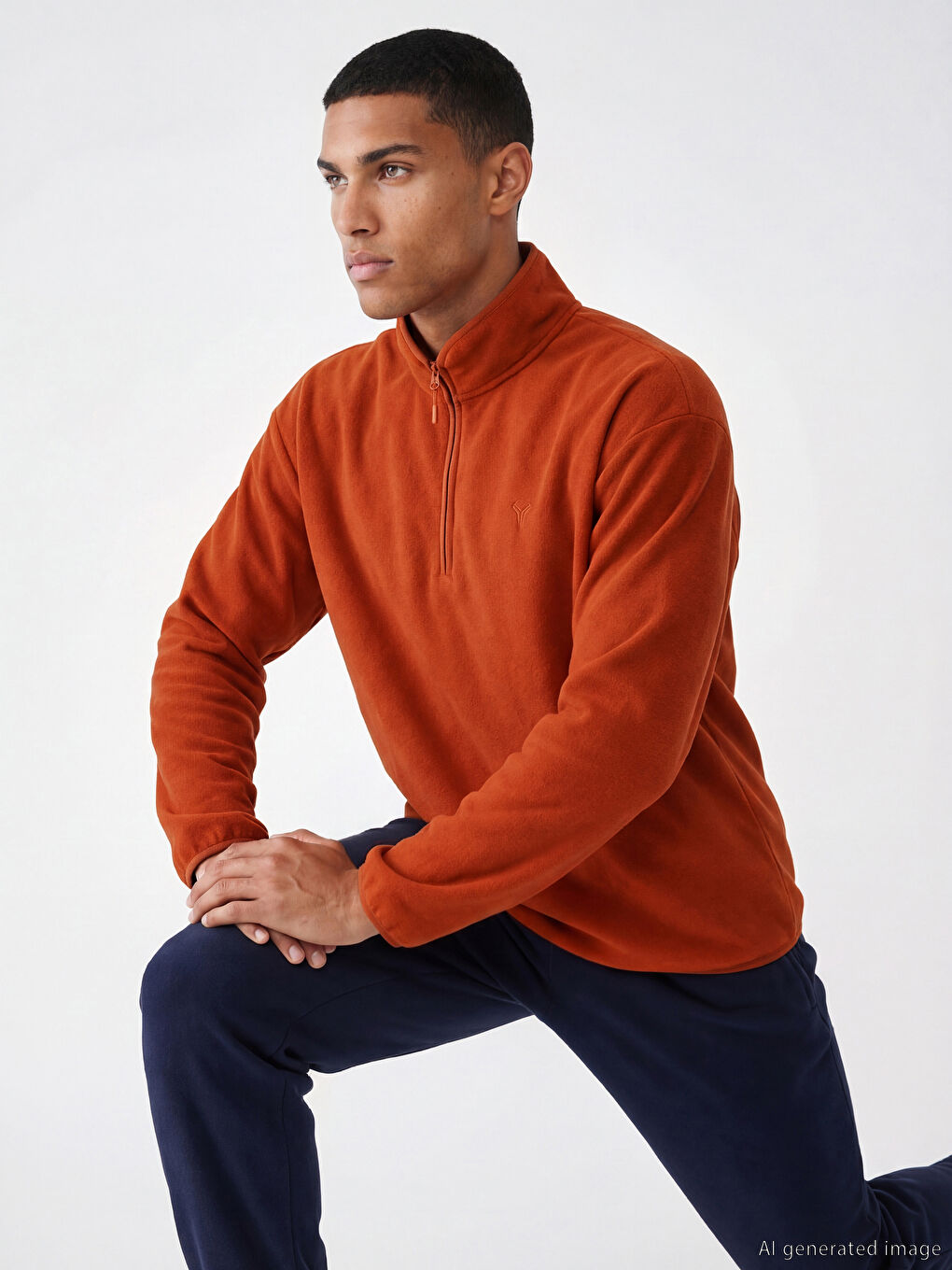 Turuncu Dik Yaka Nakışlı Polar Erkek Sweatshirt