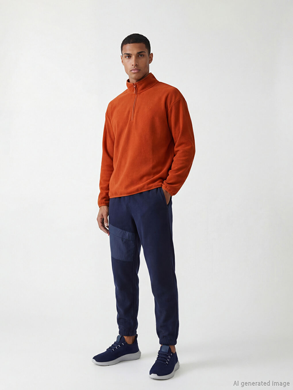 Turuncu Dik Yaka Nakışlı Polar Erkek Sweatshirt-1