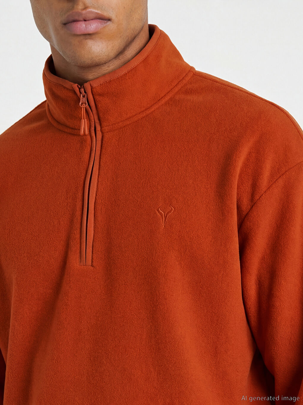 Turuncu Dik Yaka Nakışlı Polar Erkek Sweatshirt-2