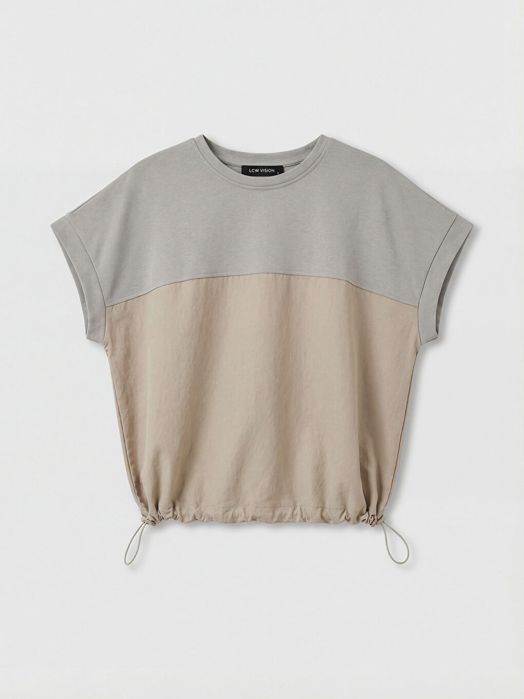 Gri Bisiklet Yaka Renk Bloklu Oversize Kadın Tişört