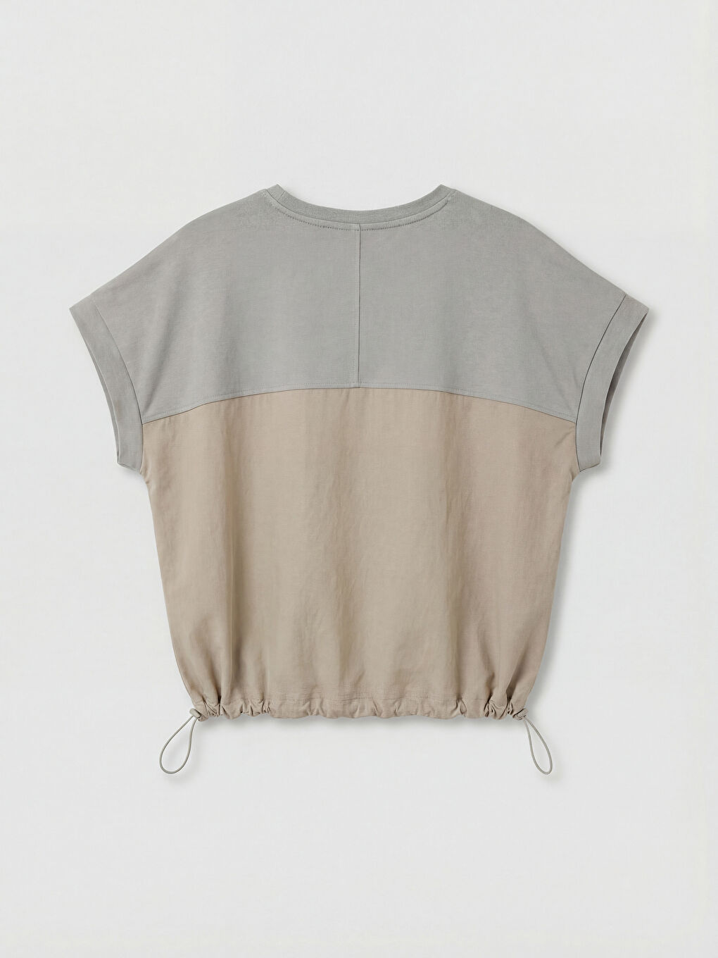 Gri Bisiklet Yaka Renk Bloklu Oversize Kadın Tişört-1